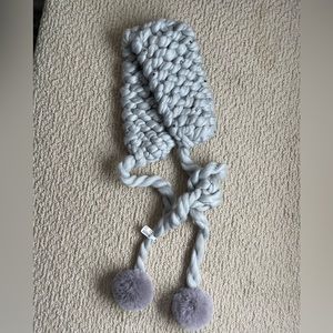 NWT Anthropologie Winter Scarf Grey Cable Knit Pom Pom Beaded